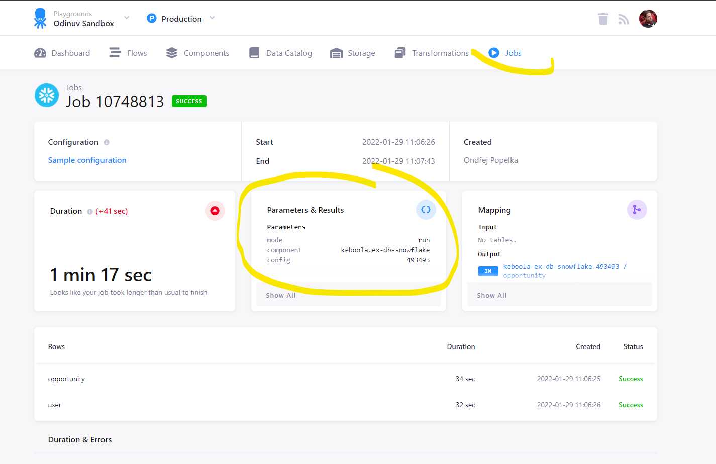 Job detail with mode, component and config parameters